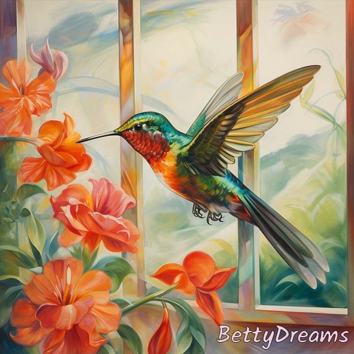 Hummingbird Hovering Near Window