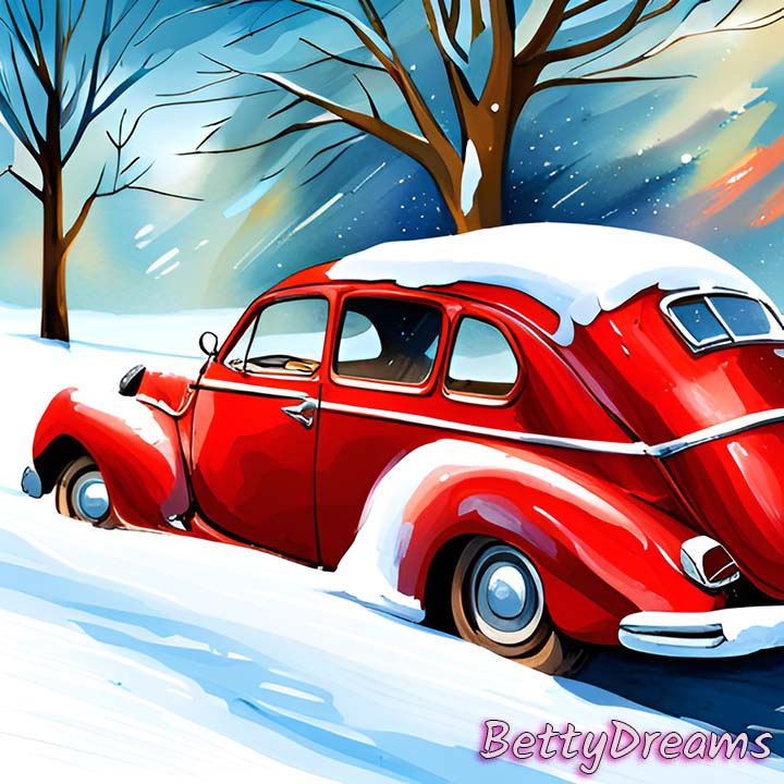 Red Car Covered in Snow 