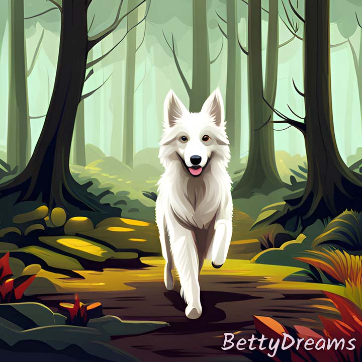 White Dog Leading the Way in a Forest