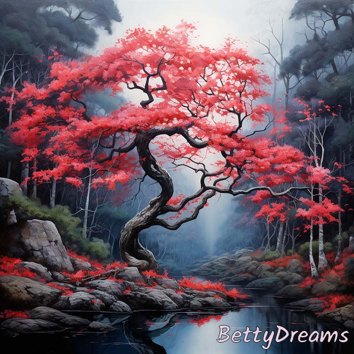 a tree with bright red flowers