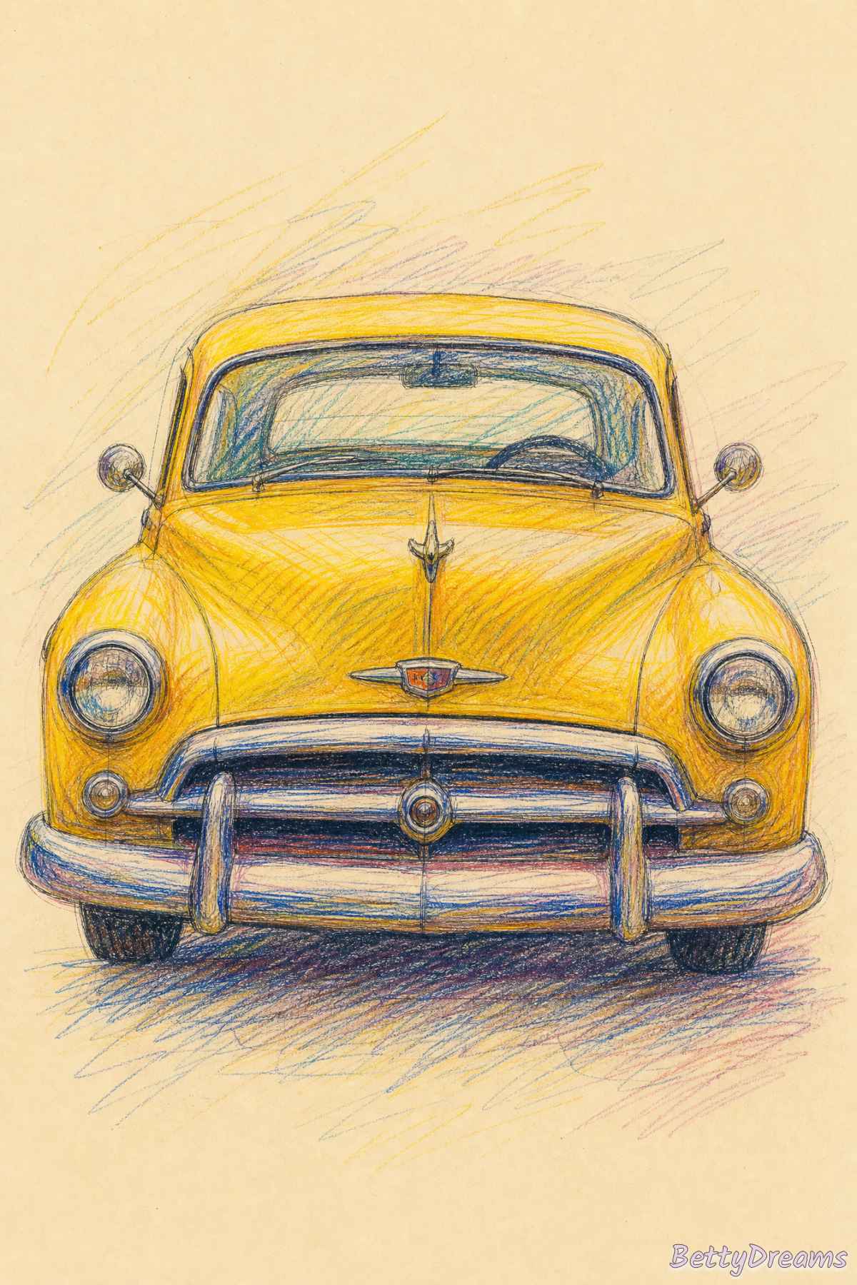 Yellow car floating upward through a purple dreamscape sky