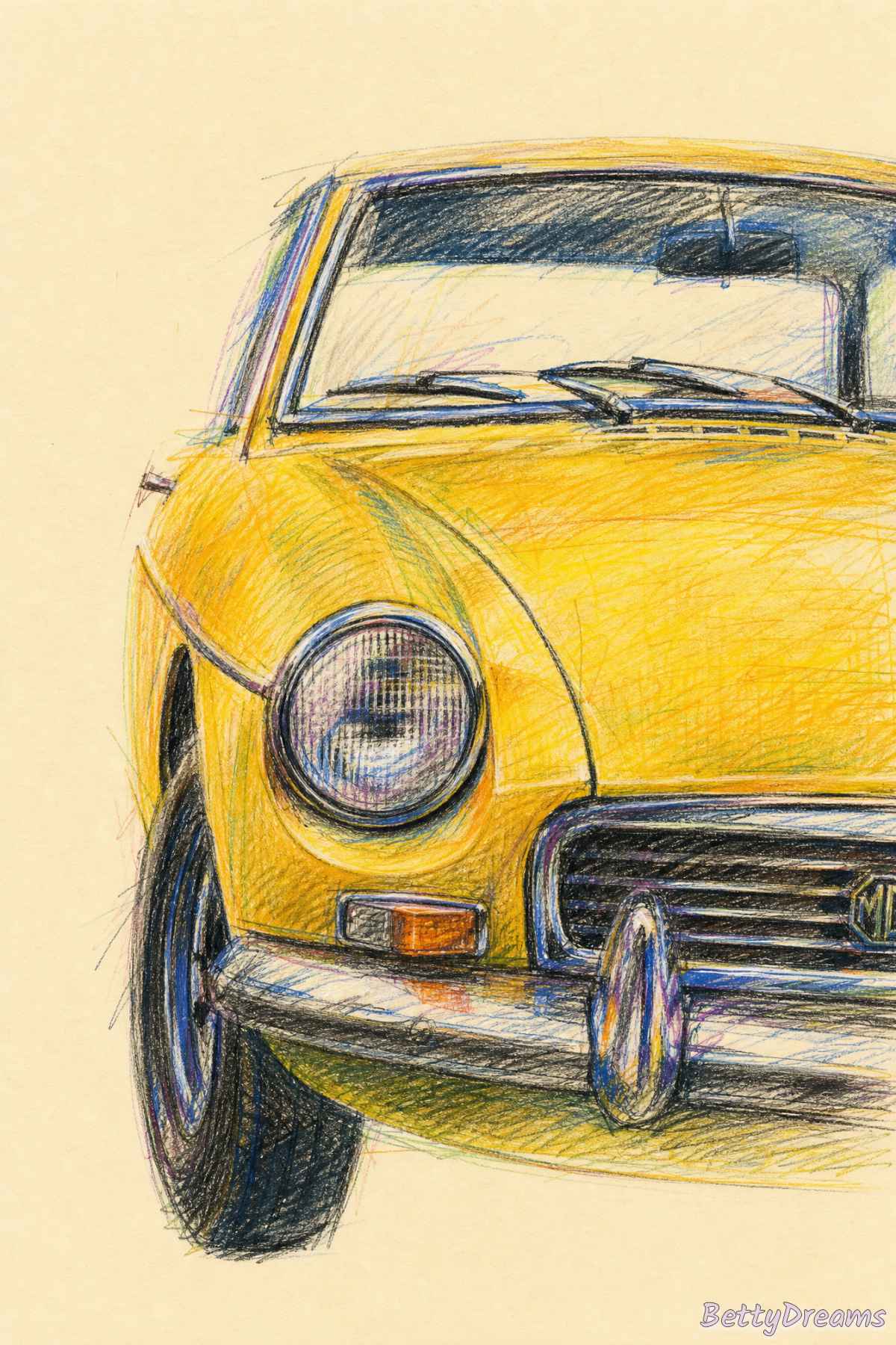 Abstract yellow car dissolving into swirling dream mist