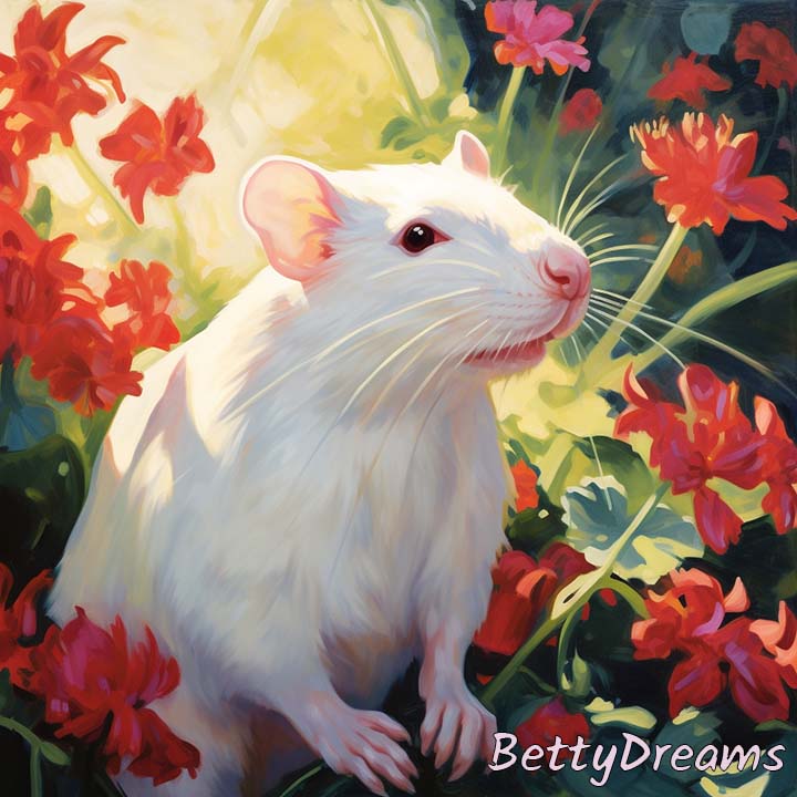 white rat and flowers